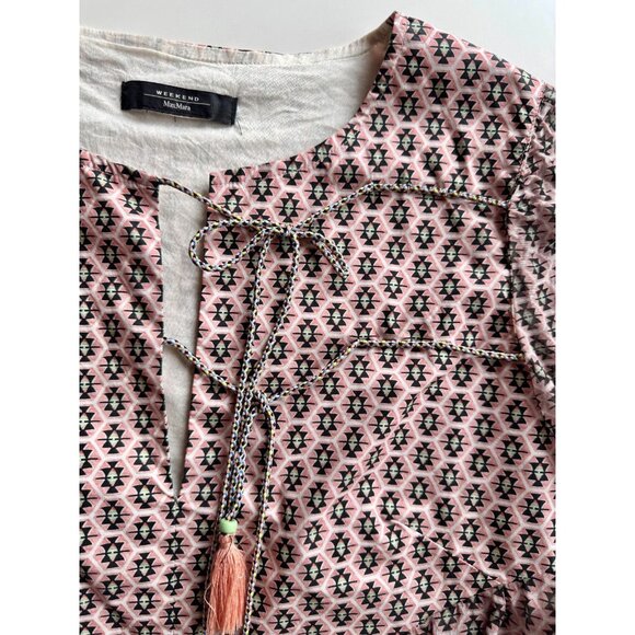 WEEKEND MAX MARA Pink Geometric Silk Voile Tasseled Tunic Blouse, Size M/L - Picture 7 of 13